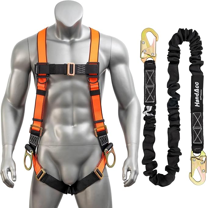 Fall Protection Safety Belt With Shock Absorbing Lanyard, Full Body Construction Protection Fall Arrest ANSI Compliant