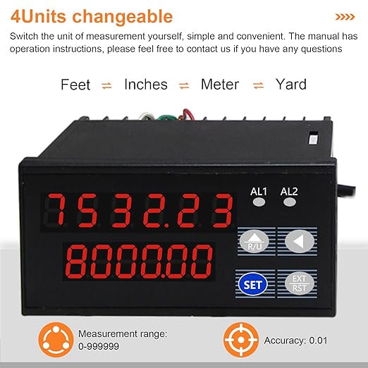 JIAWANSHUN Digital Length Meter Counter with Measure Wheel, Feet/Inch/Meter Selectable Units, 6-Digit Display 0-999999, AC 100-240V Input DC 12V Output