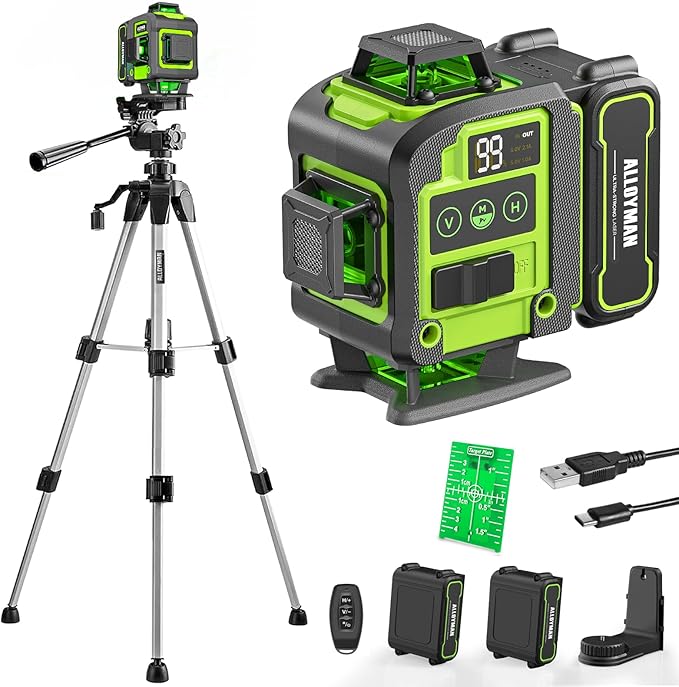 Laser Level with Tripod, Alloyman 4x360° Self Leveling Laser Level, Green Line Laser 4D Laser Leveler Tool with 2Pcs Lithium Batteries for Picture Hanging, Tile, Home Renovation, Indoor(Green)