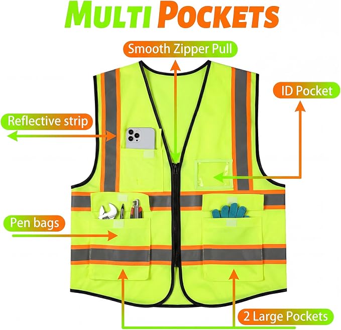 EBOOT 20 Pcs Vests High Visibility Reflective Vest Safety Neon Bright Work Construction Vest with Pockets Reflective Strips (Fluorescent Green)