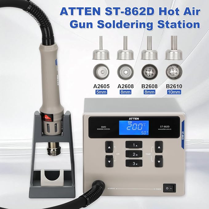 ATTEN ST-862D Lead-free Hot Air Gun Soldering Station,ST-862D 1000W Digital Display Automatic Sleep Hot Air Gun Soldering Station, PCB Chip Soldering Repair Desoldering Station