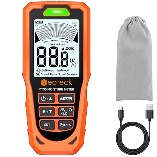 Neoteck 6 in 1 Pinless Moisture Meter 19mm Digital Moisture Detector ±2% Accuracy Wood Moisture Reader with Audible &Visual Alarm and 2.9inch LCD Display for Wood Wall Concrete Drywall Plaster Screed