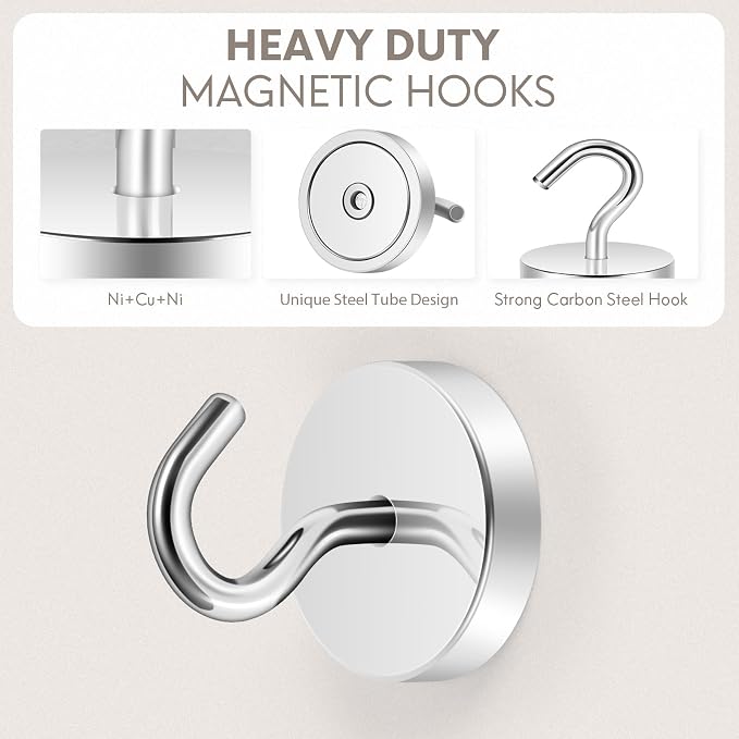 Neosmuk Magnetic Hooks, Cruise Ship Essentials, 120lb+ Heavy Duty Magnetic Hooks for Cruise Cabins, Refrigerator, Grill, Hanging, and Travel | Extra Strong Must-Haves Magnet Hook,Silver,Pack of 20
