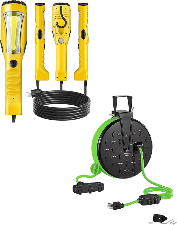 18W LED Work Light and 30 Ft Retractable Extension Cord Reel Bundle, for Garage, Workshop, Car Repair Scene, Garage and Shop Y03WL06-J30CR06
