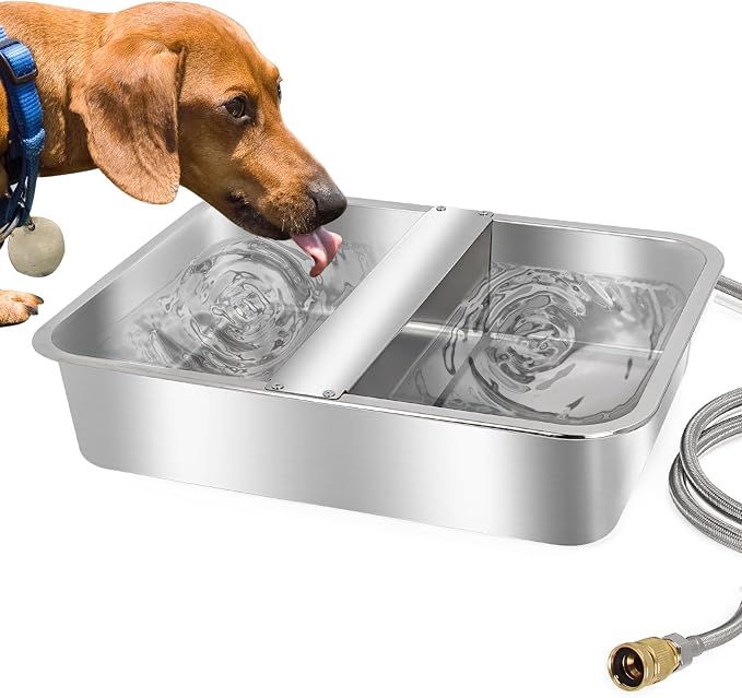 Automatic Water Dispenser for Dogs Livestock Water Trough 4 Gal Large Size Stainless Steel Waterer Feeder Outdoor Automatic Dog Water Bowl with Float Valve and 6.56 ft Water Hose Kit
