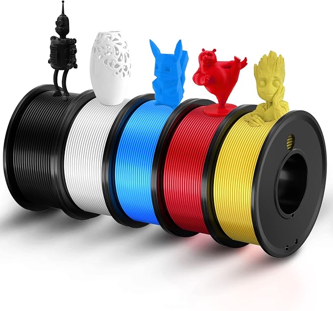 3D Printer Filament PLA 1.75mm 3-D Printing Materials 5 Colors Bundle Print Filimate 1.75 mm White Black Red Blue Yellow Filiment1.75 Accuracy ±0.02mm Fillament Spool Vacuum Pack 250G X 5 Roll