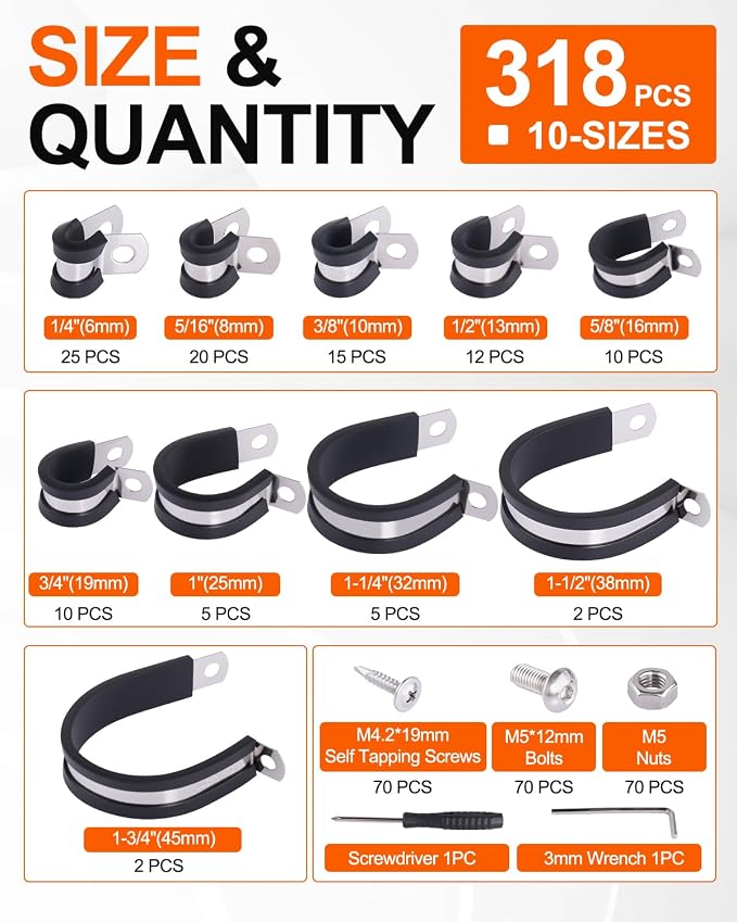 328PCS Cable Clamps Assortment Kit, 304 Stainless Steel Rubber Cushion Pipe Clamps, 9 Sizes 1/4" 5/16" 3/8" 1/2" 5/8" 3/4" 1" 1-1/4" 1-1/2" Wire Clamps with Screws, Screwdriver, Handheld Box