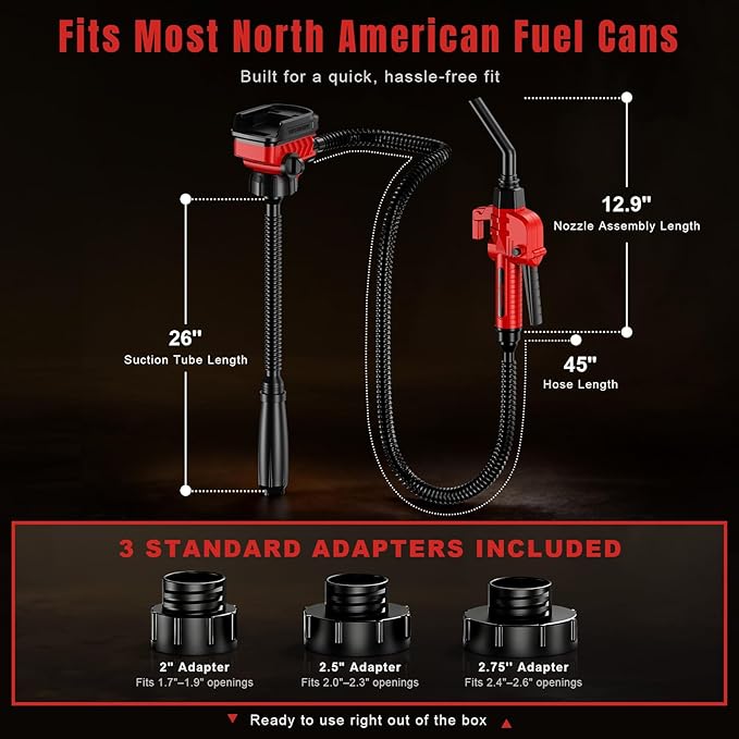 Fuel Transfer Pump for Milwaukee M18 Batteries, Cordless 3.7 GPM Flow | Gas Can Pump Kit with Locking Nozzle, 3 Adapters for Gasoline, Diesel, Kerosene & Light Oil, Battery Not Included