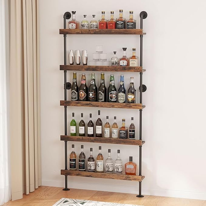 5-Tier Wall Mounted Wine Rack, Industrial Pipe Bar Shelf for Wine Bottle Storage, Industrial Pipe Shelves Shelf Shelving for Home Bar Dining Room Kitchen (39.4" W x 79" H)