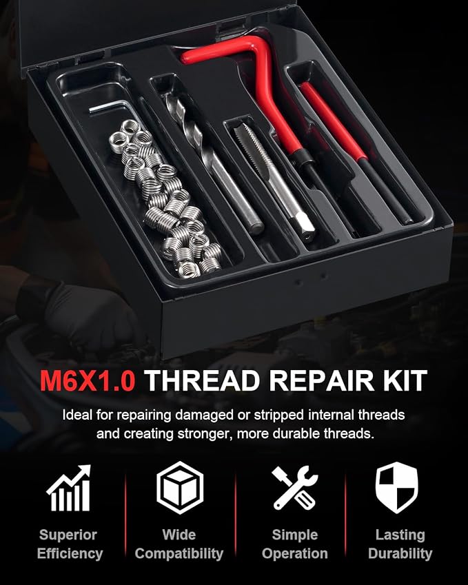 Kolvoii M6×1.0 Helicoil Thread Repair Kit, Metric M6 Helicoil kit with HSS Drill Bit, Tap & Stainless Steel Inserts for Automotive & Motorcycle Stripped Bolt Repair