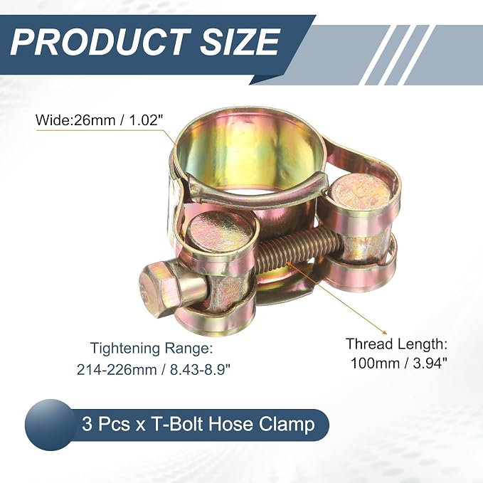 HARFINGTON 3pcs T-Bolt Hose Clamp 214-226mm (8.43-8.9") Galvanized Carbon Steel Adjustable Intake Radiator Pipe Clamps for Automotive Plumbing Industrial Pipes