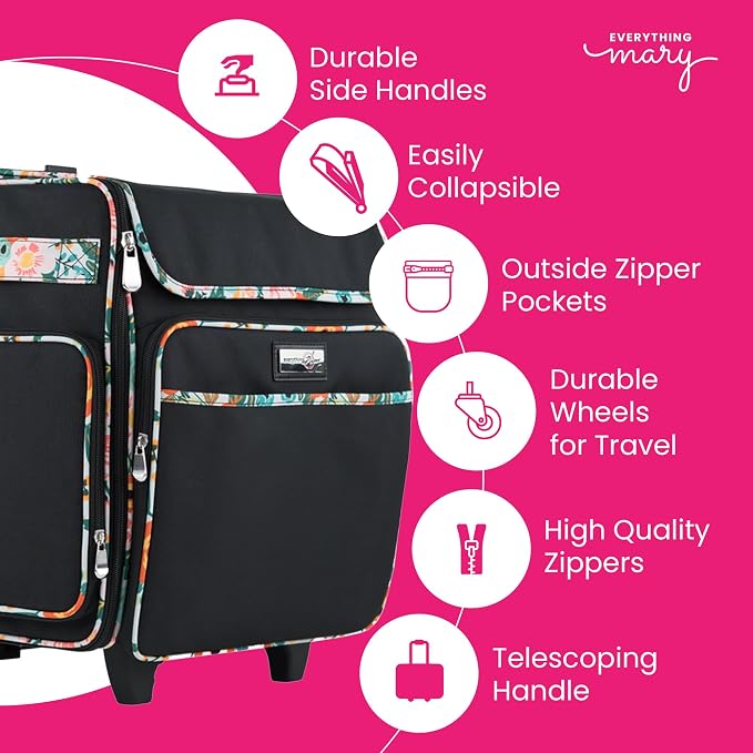 Everything Mary Rolling Scrapbook Tote – Black & Floral Trim Craft Bag with Wheels – Storage Organizer for Scrapbooking, Papercraft, Art Supplies & Craft Tools