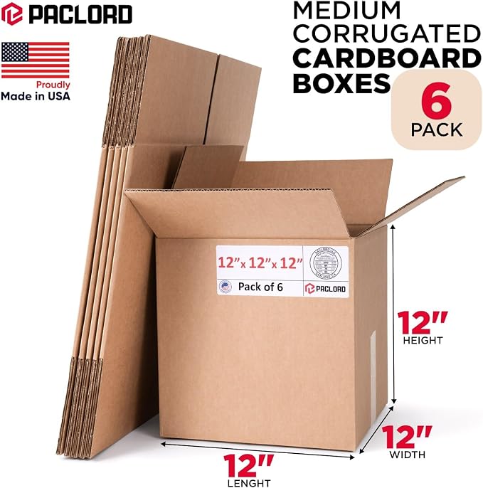 Medium Cardboard Boxes 12"L x 12"W x 12"H (Pack of 6) - USA-Made Packing Boxes for Moving, Shipping, or Storage - USPS, UPS, FedEx Approved - Professional Packing Supplies for Moving | USA-Made Packing Boxes for Moving, Shipping, or Storage - USPS, UPS...