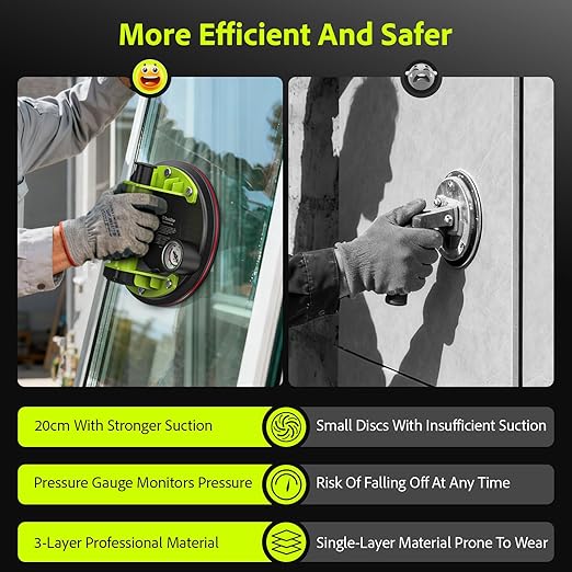 TaskStar Glass Suction Cups to Lift Large Glass: 8" Tile Suction Cup Tool with Pressure Gauge, 450 LBS Max Load, Heavy Duty Vacuum Lifter for Contractor/Tiler/Stone Installer/DIYer