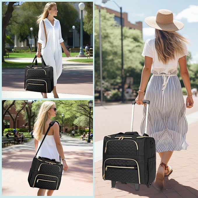 MATEIN Rolling Laptop Bag for Women, 15.6 Inch Rolling Briefcase with Wheels &Detachable Cart, Roller Computer Teacher Tote Bag with Insulated Lunch Box for Nurse Work Business Office, Deep Black