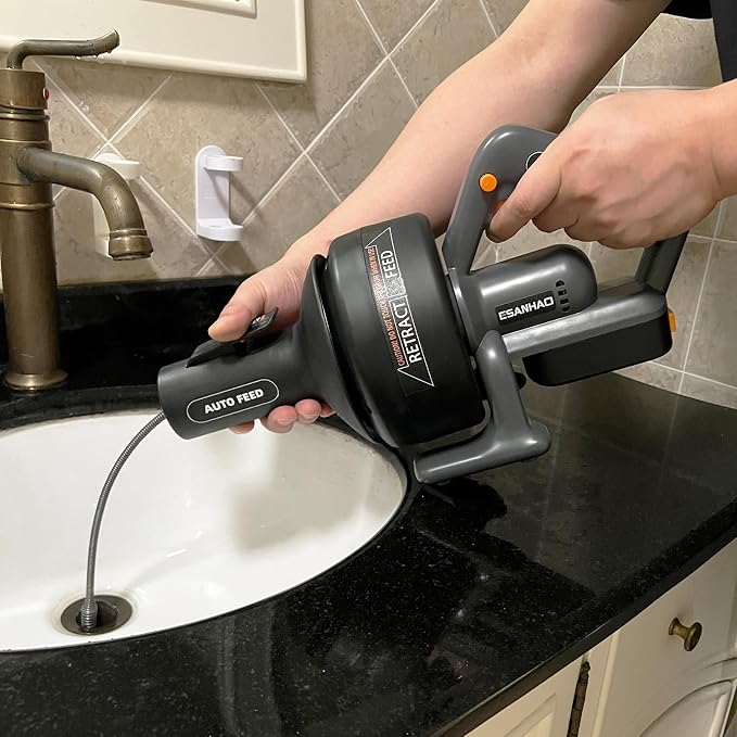 Electric Drain Auger 25ft Cordless Drain Cleaner machine auto feed plumbing snake for kitchen sink, showers, toilet et. 3/4-2" Pipe drain clog (Upgraded)