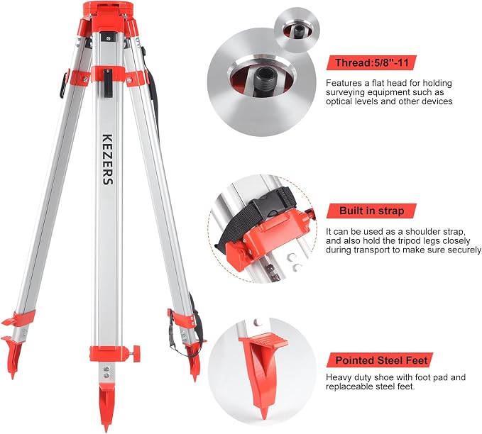 KEZERS Aluminum Surveying Tripod, Heavy Duty Transit Level Tripod with Quick Clamp, 5/8"-11 Threaded Flat Tripod for Automatic Optical Level