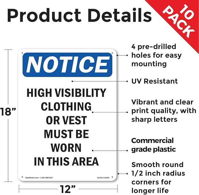 High Visibility Clothing Or Vest OSHA Notice Rigid Plastic Sign 18 Inch x 12 Inch - 10 Pack