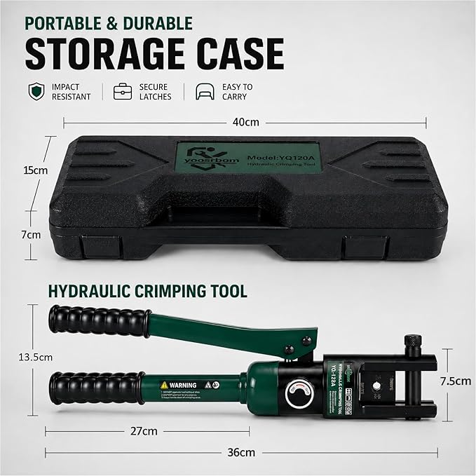 12 Ton Hydraulic Crimping Tool, 6AWG-4/0AWG (250MCM) Battery Cable Lug Crimper with 8 Pairs of Dies, Industrial Grade Hydraulic Wire Terminal Crimping Tool