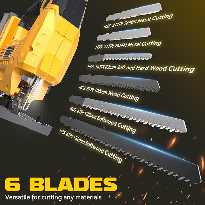 Ecarke Cordless Jig Saw Compatible With Dewalt 20V Battery, 4 Orbital Sets, 6 Variable Speeds Control, Dust-Blowing, ±45° Bevel Cuts, LED Light and 6PCS Blades for Straight Curve Cutting, Tool Only