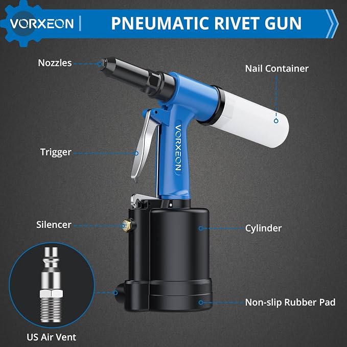 Pneumatic rivet gun Air Riveter 3/32", 1/8", 5/32", 3/16" for Automotive industries Construction Metal maintenance Pulling pressure 3097 lbf