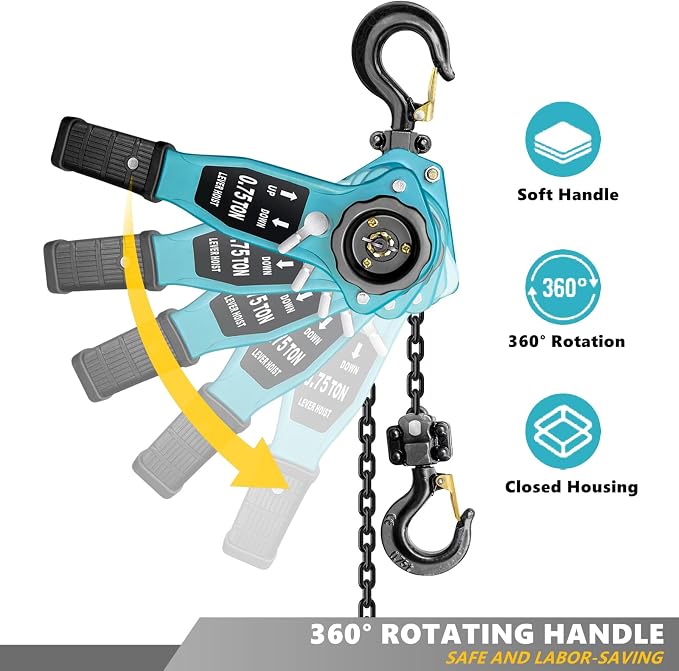 Chain Puller Hoist 3/4 Ton 1650 lbs Manual Lever Chain Hoist 10FT Come Along |2 Heavy Duty Hooks G80 chain| Industrial Grade Steel Construction (10FT)