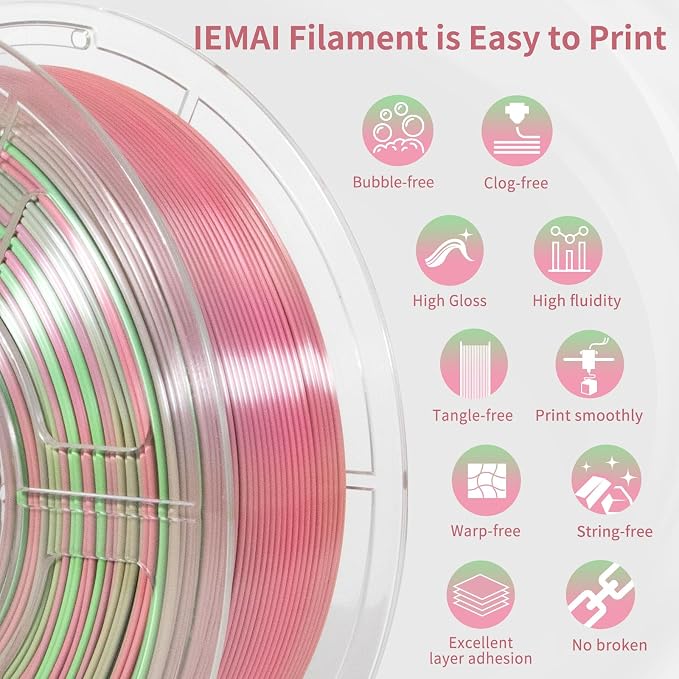 IEMAI Silk PLA Filament 1.75mm 1kg, Dual-Color Gradient Pink to Green 3D Printer Filament, Silky Glossy Finish, Tough & Neatly Wound for DIY, Artistic & Home Décor