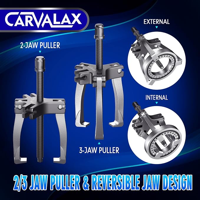 CARVALAX Gear Puller Set, 2T 5T and 5T Wide-Spread - Heavy Duty CR-V Steel 2 & 3 Reversible Jaw Bearing/Pulley Puller – Professional Automotive & Industrial Tool Kit for Mechanics, DIYers