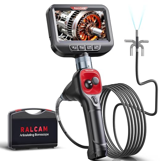Ralcam 360° Articulating Borescope, 6.2mm/0.24in Slim Probe | 4X Zoom, Joystick 4 Ways Endoscope Inspection Camera with Light for Automotive Engine, HVAC, Mechanics
