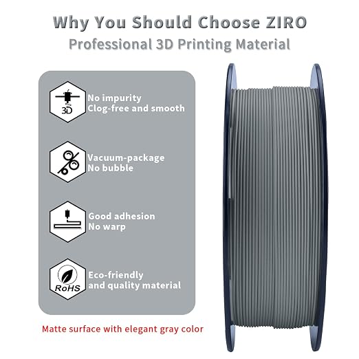 ZIRO Matte PLA Filament 1.75mm,1KG 3D Printer Filament,High Toughness PLA,Dimensional Accuracy +/- 0.03mm, Matte Gray
