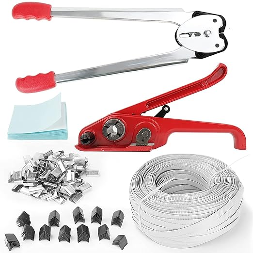 Box Packing Strapping Tool, Manual Sealer Heavy Duty Poly Strapping Tensioner Cutter Tool Kits for 1/2"-3/4" Wide Strap with 328ft Straps & 100 Buckles 50 Label 100 Edge Protectors