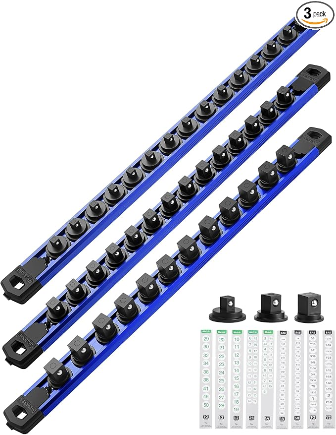 ALOANES Magnetic Socket Organizer Set, 3-Piece Heavy Duty Aluminum Socket Rails, 360° Swivel Clips Socket Rail Kit for Tool Tray Drawer Fit 1/2, 3/8, 1/4-Inch x 40 Clips (Blue, 3PC)