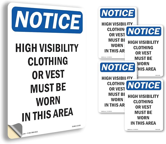 High Visibility Clothing Or Vest OSHA Notice Vinyl Decal Label 24 Inch x 18 Inch - 5 Pack