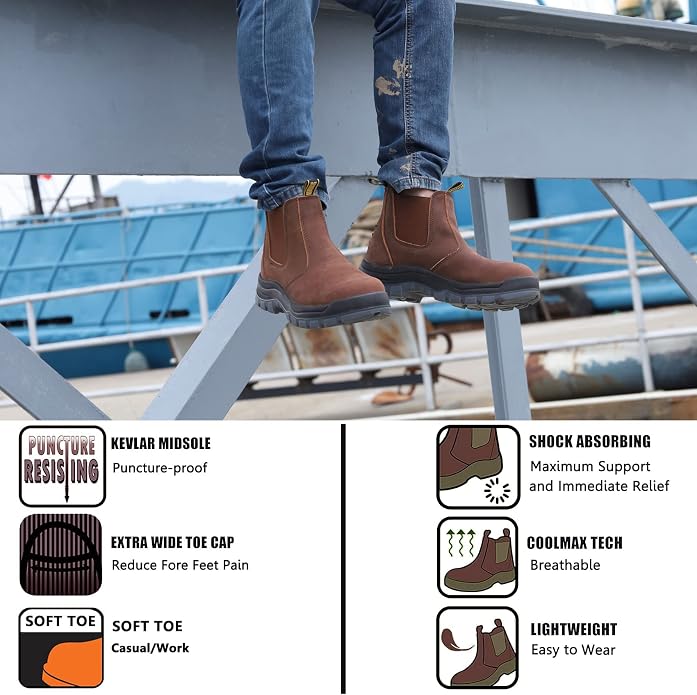 DIIG Work Boots for Men, Soft/Steel Toe Waterproof Working Boots, Slip Resistant Anti-Static Slip-on Safety EH Working Shoes 6 8 9 10 11 12 13 (Brown)