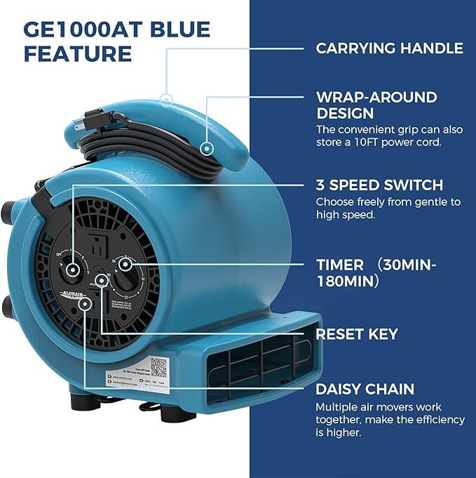 ALORAIR 1000 CFM Air Mover Blower Fan for Drying, Ventilating, Exhausting, Cooling, Utility Timer Fan with 3 Speeds, 5 Adjustable Angles, 10ft Long Cord for Home, Industrial, Commercial Use - GE1000AT