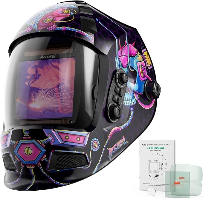 3.94" x 3.66" Large Viewing Hemispherical lense Welding Helmet, 1/1/1/1 True Color Auto Darkening Welding Hood, 4 Arc Sensor Wide Shade 4/5-9/9-13 for TIG, MIG, ARC, CUT, Grind, Mecha Style