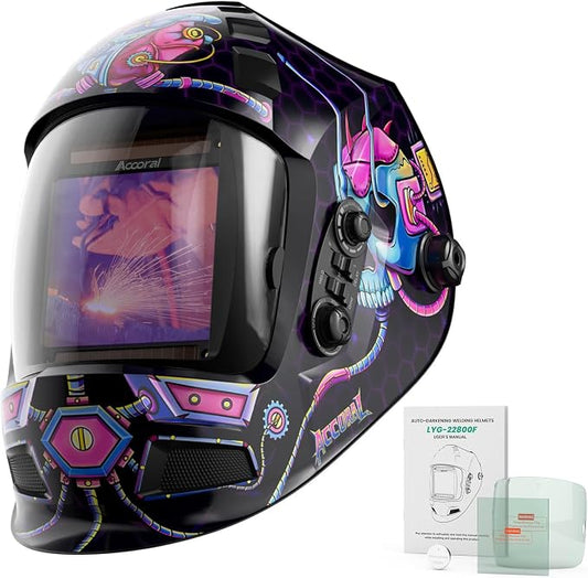 3.94" x 3.66" Large Viewing Hemispherical lense Welding Helmet, 1/1/1/1 True Color Auto Darkening Welding Hood, 4 Arc Sensor Wide Shade 4/5-9/9-13 for TIG, MIG, ARC, CUT, Grind, Mecha Style