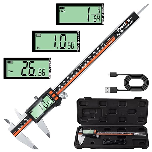 Preciva Digital Caliper 8", Rechargeable Stainless Steel Micrometer | Type-C charging, durable steel body, large LCD with auto-off saves power, in/mm/frac, for 3D-printing machining woodworking
