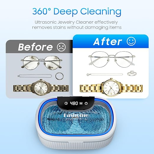 Ultrasonic Jewelry Cleaner with 45kHz for Rings, Glasses & Retainers | Deep Cleans Sliver, Necklace, Earring & Watch, 3 Power & 5 Timer Settings, Includes 2 Cleaning Solutions, 35W with Degas Mode