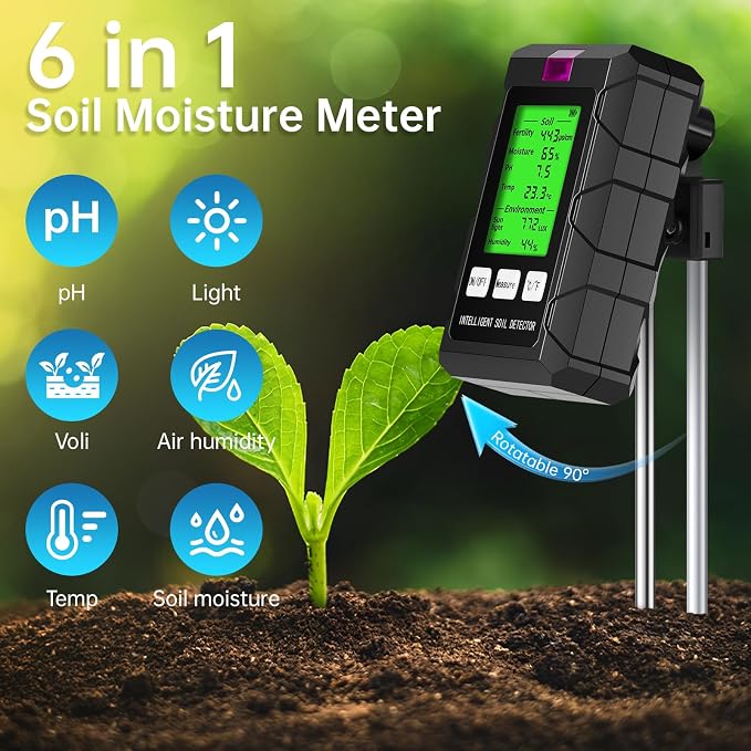 6-in-1 Digital Soil Tester, Soil Moisture Meter and pH Tester for Plants, Tests Moisture, pH, Fertility, Temperature, Sunlight and Air Humidity for Garden and Lawn (2*AAA Batteries Needed)