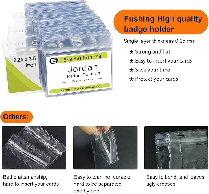 Fushing 200 Pcs Clear Plastic Horizontal Name Tag Badge ID Card Holders