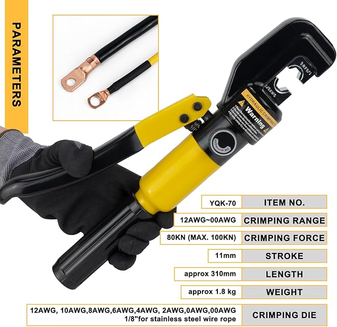 Hydraulic Cable Crimping Tool, Hydraulic Wire Crimper 12 AWG–2/0 AWG, Battery Cable Crimper Tool with 9 Hexagonal Dies, Copper Wire Lugs Crimper for US Standard Cable 12 ga-2/0 ga