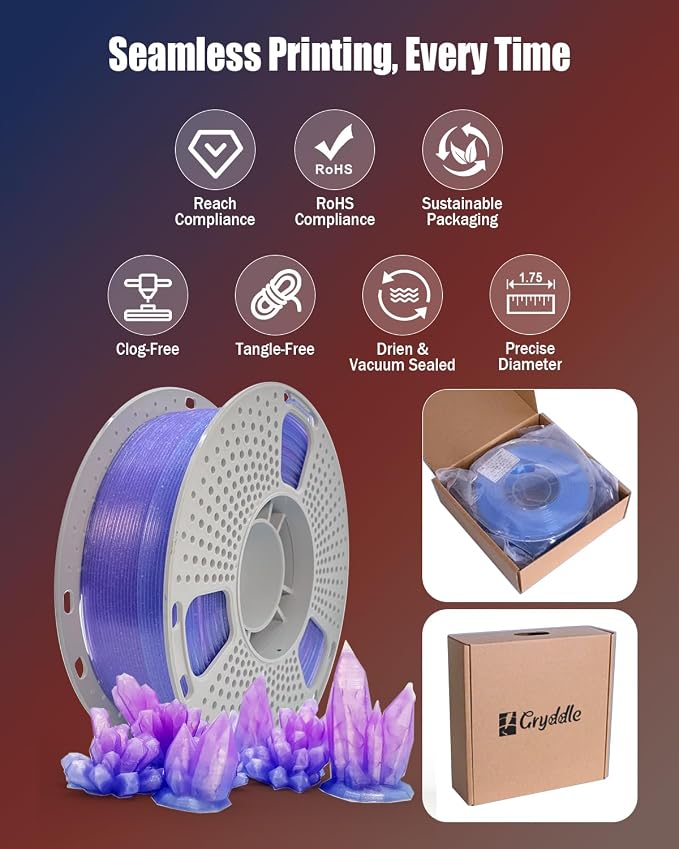 PLA Filament 1.75mm, 1kg Spool, ±0.02mm Accuracy, Smooth Printing & Low Warping 3D Printing Material for Most FDM 3D Printers(Crystal Clear Jelly)