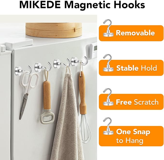 MIKEDE Magnetic Hooks 50Lbs+ Heavy Duty Magnet Hook for Cruise Cabins | Super Neodymium Hanging Hooks Strong Magnets with Hook for Fridge Magnetic Hanger for Grill Toolbox Storage Pack of 4