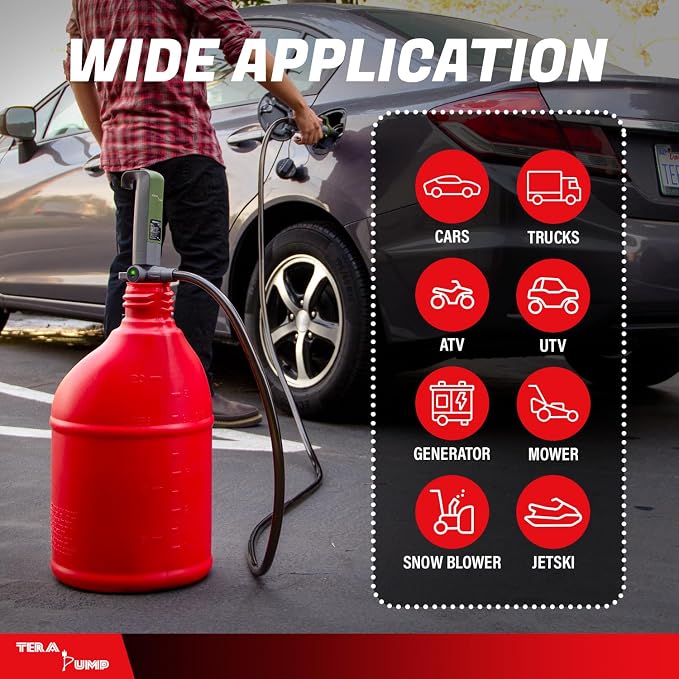 TERA PUMP Fuel Transfer Pump w/Quick Flow Control Nozzle | Telescopic Tube, Rechargeable Battery, 10FT Discharge Hose, Gas, Diesel, Water, 2.7 GPM