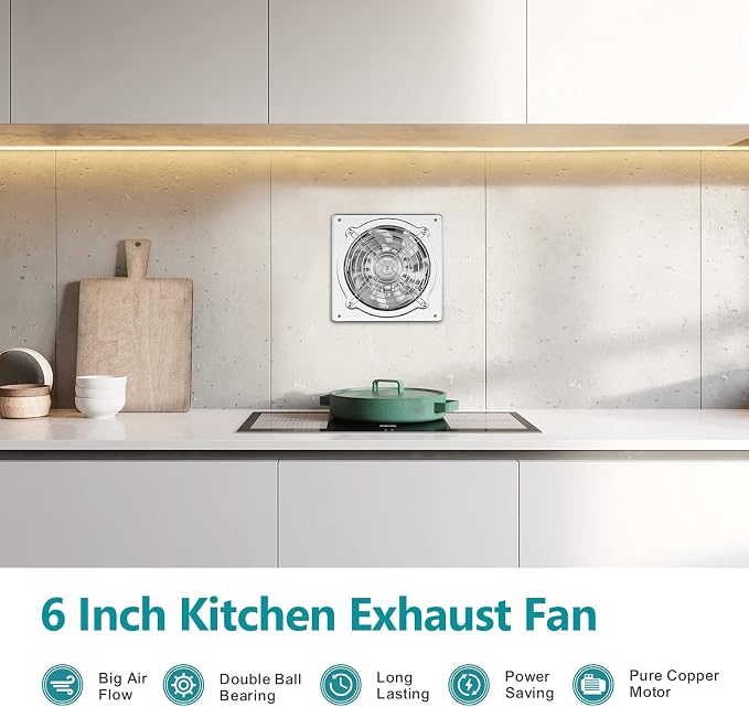 HG Power 6 Inch Exhaust Fan: Kitchen Exhaust Fans with Power Cord Attic vent Fan with Damper Wall Small Fume Extractor Ventilation Fan for Shop Chicken Coop Basement Smoking Room Garage Silver