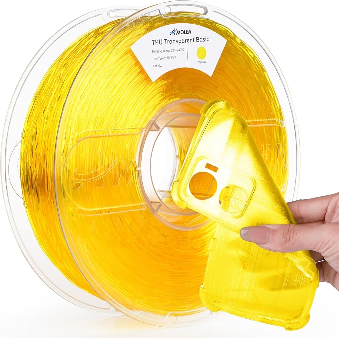 AMOLEN 95A TPU 3D Printer Filament 1.75mm, High Hardness & Resilience TPU Transparent Yellow Filament, 1KG Flexible 3D Filament, Dimensional Accuracy +/- 0.02mm, Suitable for Most FDM 3D Printers