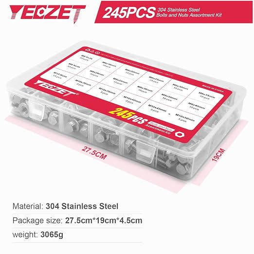 245PCS M6 M8 M10 Heavy Duty Flanged Bolts and Nuts Kit,Stainless Steel 304 Metric Flanged Hex Screws Nuts Includes 15 Most Common Sizes
