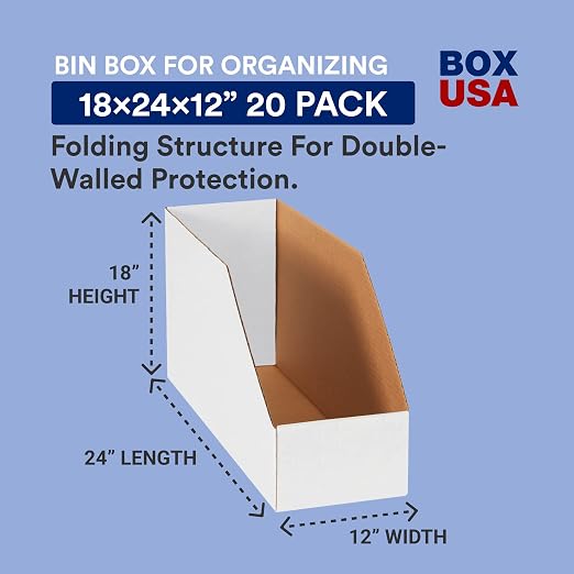Box USA Cardboard Storage Bins, Open Top Bin Box, 18"L x 24"W x 12"H 20-Pack | Small for Inventory, Organization, Parts, Garage, Warehouse or Home Cubby, Oyster White 18x24x12