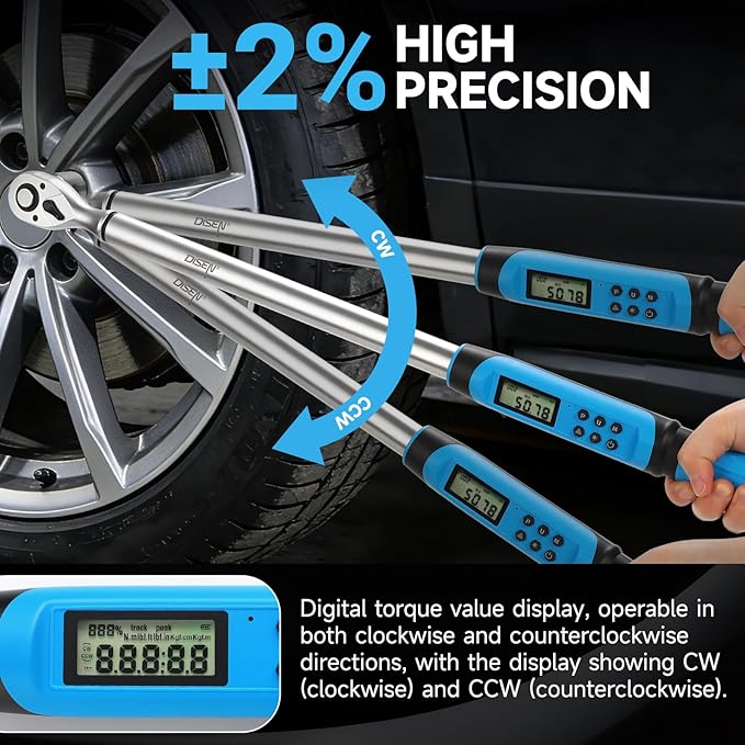 DISEN 1/2 inch Digital Torque Wrench (17-340 N.m / 12.5-250.8 Ft.lb), ±2% Accuracy, 4 Modes with Adjustable Limits, Blue/Red Alarm & Buzzer, 5 Units, for Automotive Motorcycle Bicycle Repair